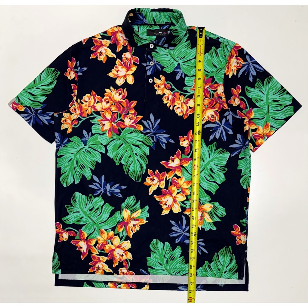 RLX Ralph Lauren Mens Large Tropical Floral Golf Polo Shirt Navy Blue Green L